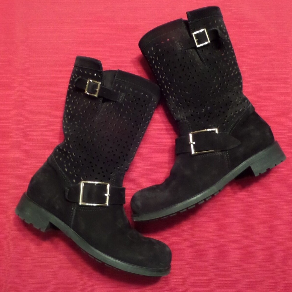 Jimmy Choo Black Suede Biker Boots Midcalf 37